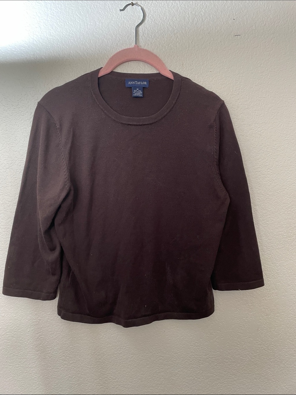 Ann Taylor Brown Crewneck 3/4 Sleeve Top 84%silk Classic office 19x21